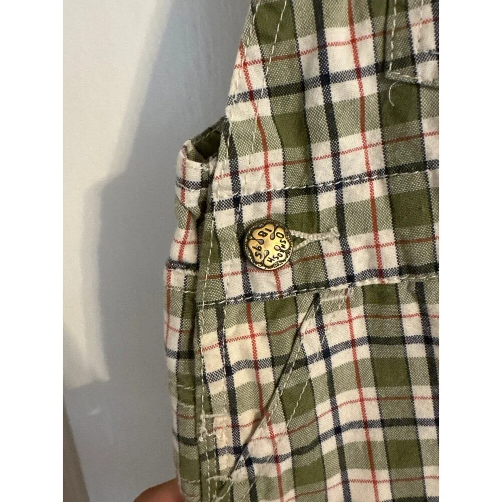 OshKosh Green Plaid Short Overalls Size 6/9 M 100% cotton